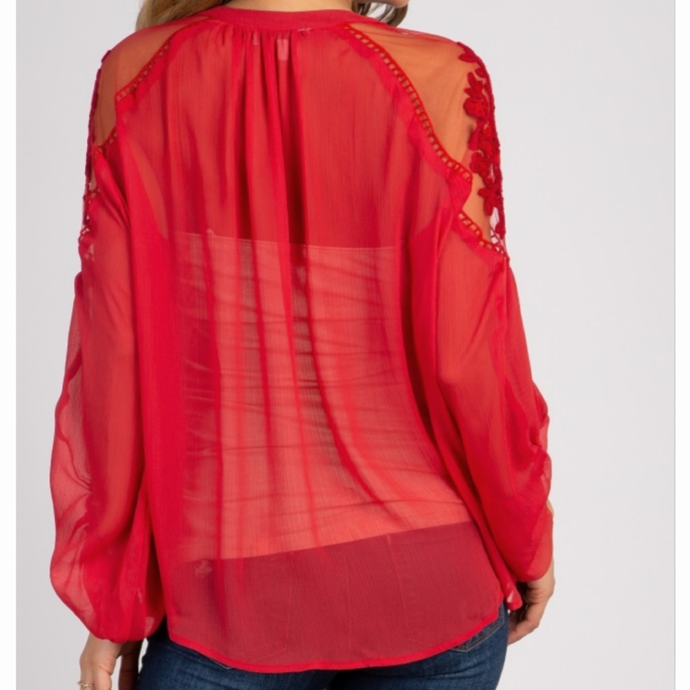 1 left New Chiffon Floral Lace Yoke Peasant Blouse - Picture 6 of 11